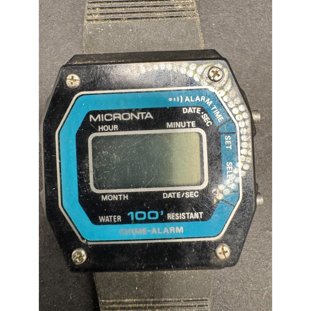 Vintage 1980's MICRONTA LCD Digital Quartz Alarm Men's Watch Black 33.8mm